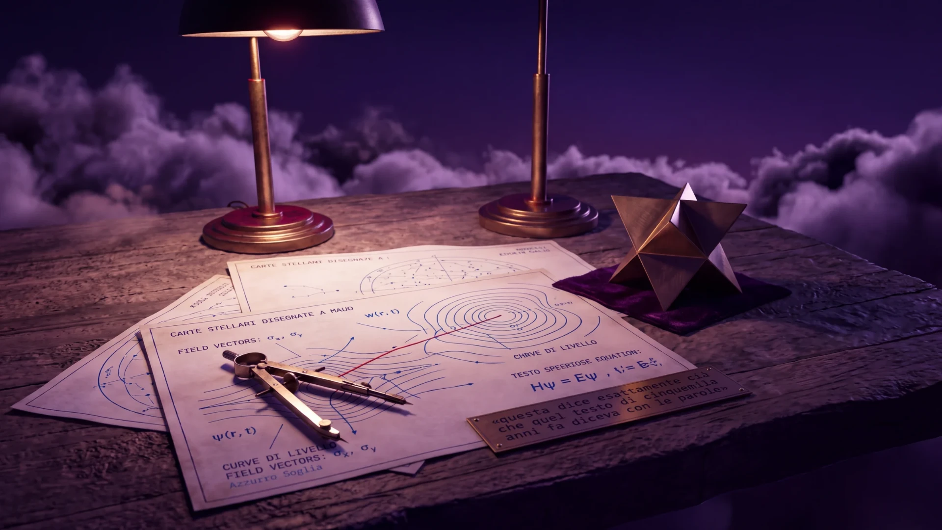 Banco da lavoro con carte stellari e simboli sacri, immagine del percorso di ipnosi spirituale